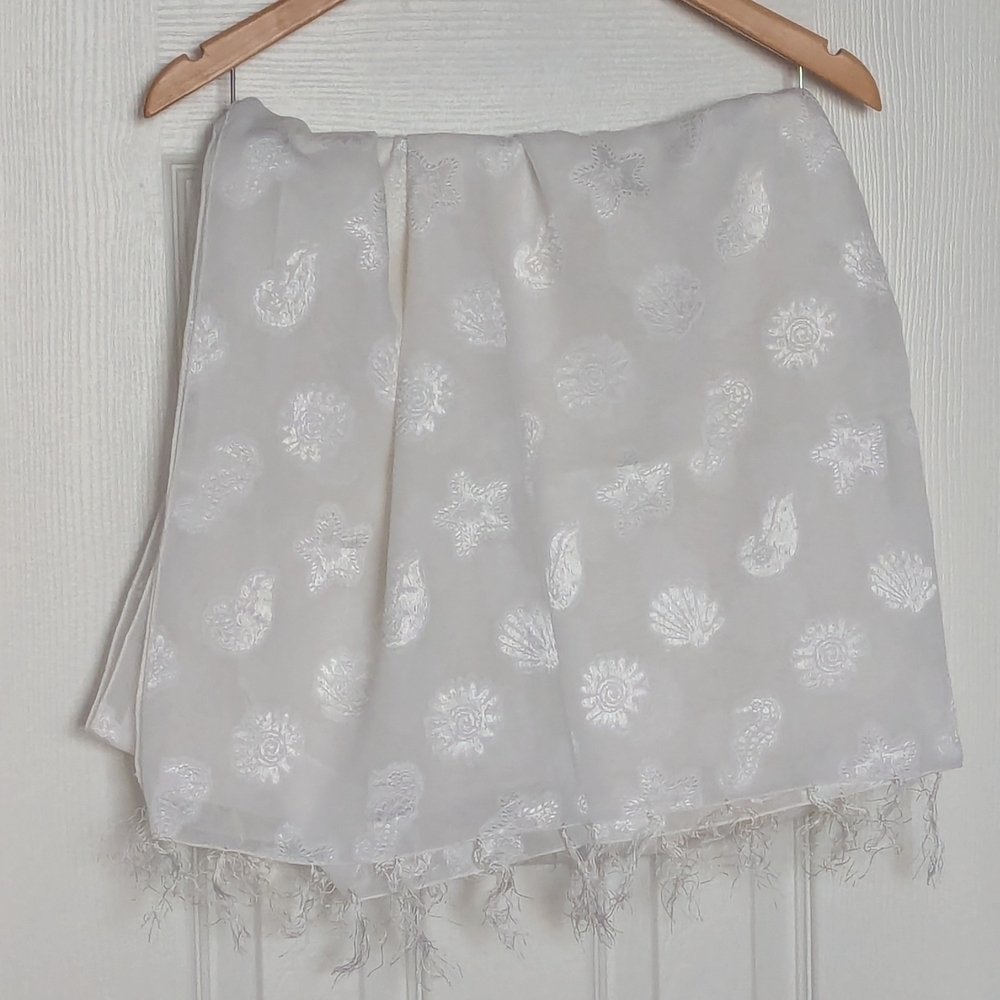 Women's Sheer White Shawl Wrap Scarf w/ Fringe Edges & Embroidered Accents